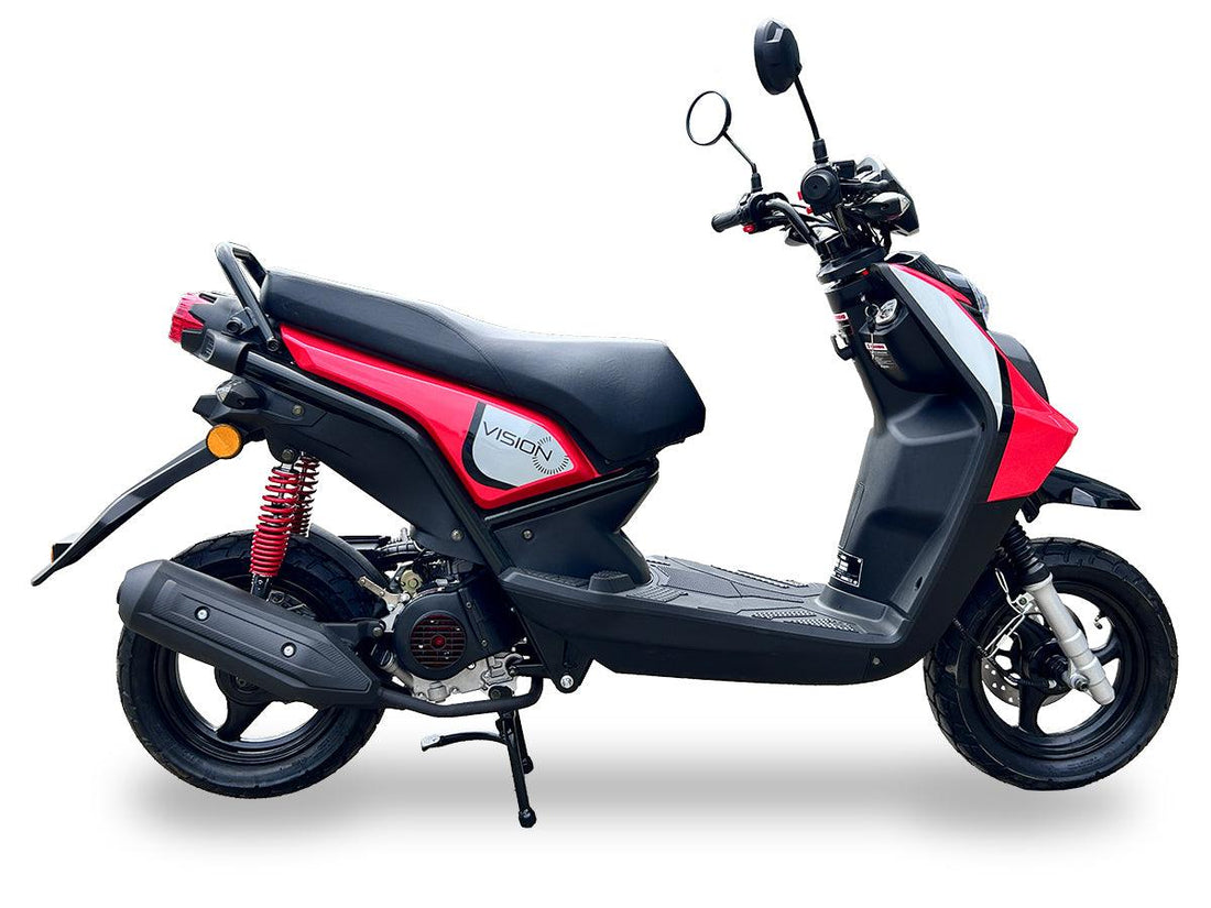 Red and black Vision 50cc gas scooter with rear suspension and street tires, side view
