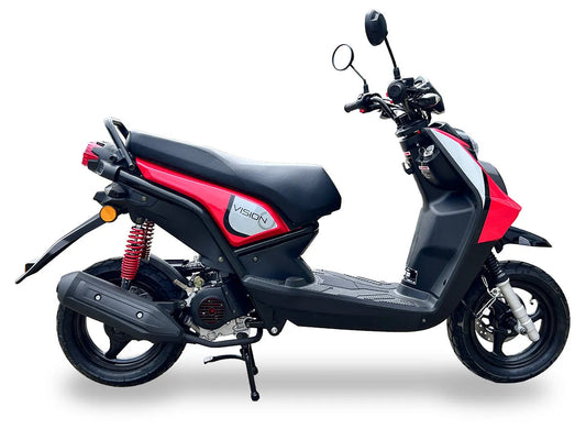 Red and black Vision 50cc scooter with side kickstand and sporty design on white background