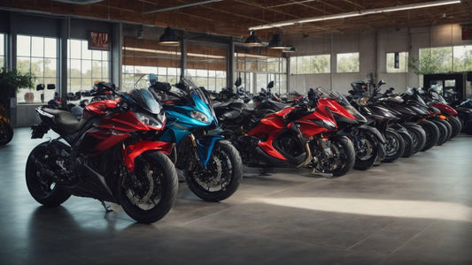 Showroom with multiple sport motorcycles and powersports vehicles lined up indoors
