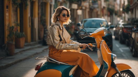 Woman riding orange motor scooter on urban street, wearing jacket and sunglasses