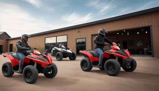 Riders on red ATVs and go-karts outside a dealership building on a dirt lot