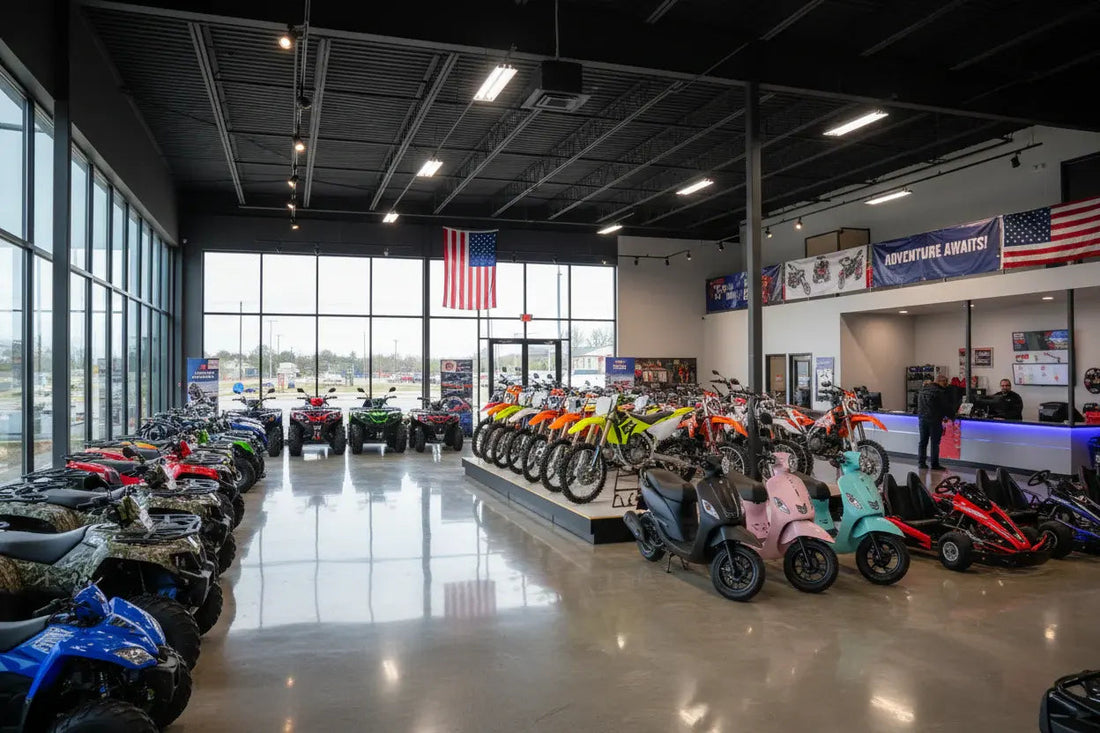 Modern dealership showroom with ATVs, dirt bikes, scooters, and go-karts on display