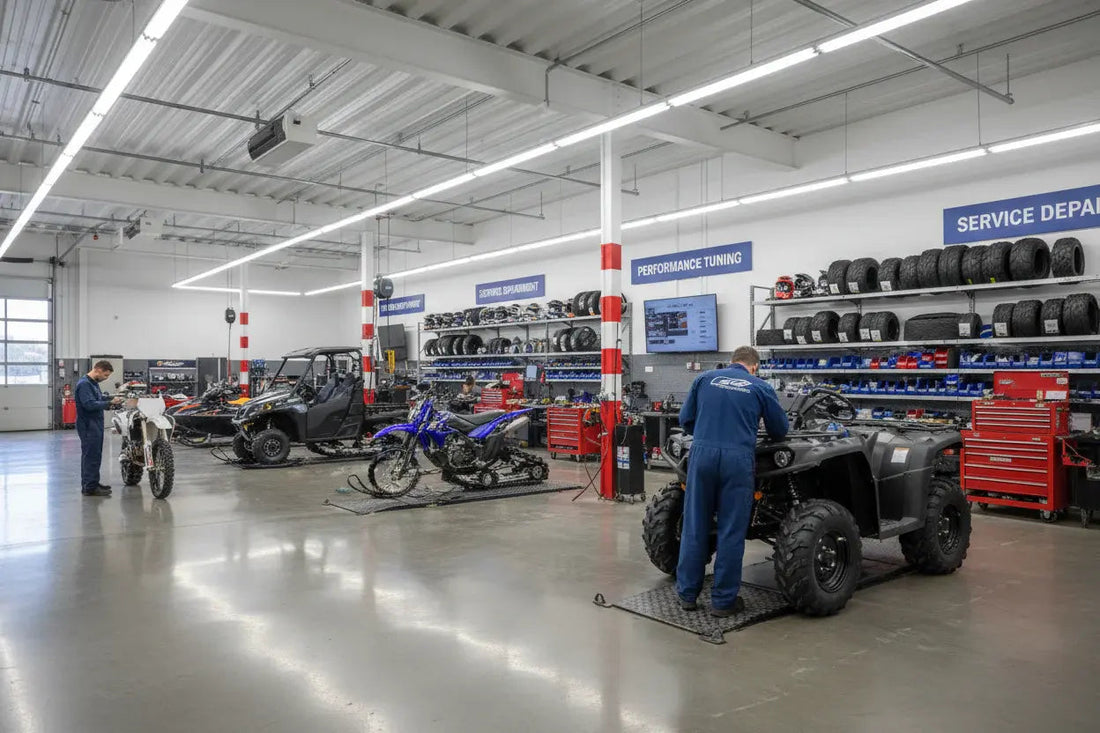 Mechanics servicing ATVs, dirt bikes, and UTVs in a modern powersports service center