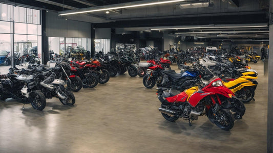 Showroom with rows of sport motorcycles, ATVs, and powersports vehicles