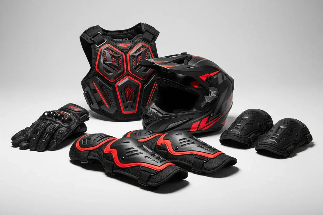 ATV and dirt bike safety gear set with helmet, gloves, chest protector, and pads, black and red