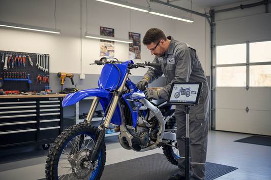 Technician repairs blue dirt bike in modern garage with tools and a tablet nearby.