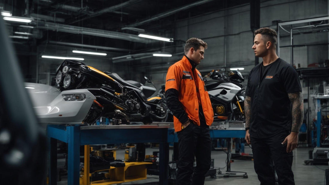 Powersports technicians discussing motorcycle maintenance in a workshop setting