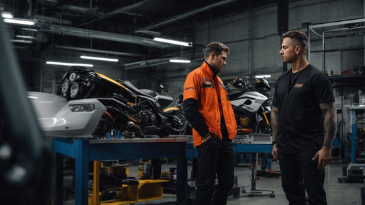 Powersports technicians discussing motorcycle maintenance in a workshop setting