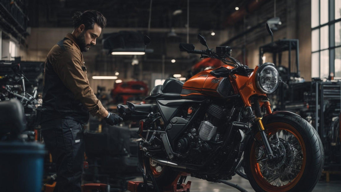 Mechanic performing motorcycle maintenance in a garage, orange sport bike foreground