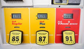 Close-up of fuel station pump with 85, 87, and 91 octane gasoline options and prices displayed.