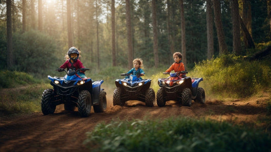 Kids riding youth ATVs on a forest dirt trail, wearing safety gear and helmets