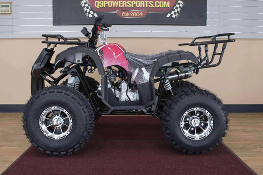 Premium 125cc utility ATV four wheeler with rugged tires and front rear cargo racks indoors