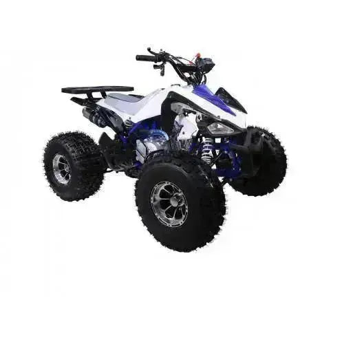 Sport 125cc youth ATV with knobby tires, blue and white body, off-road quad design