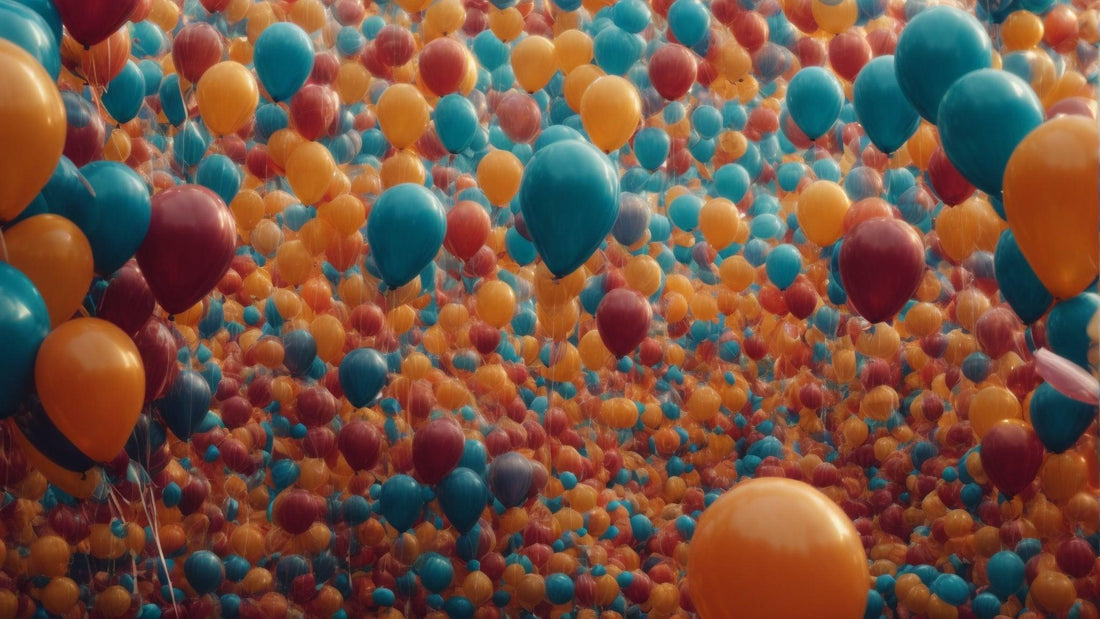 Vibrant celebration with hundreds of orange, blue, and red balloons floating indoors