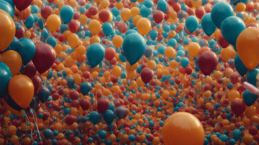 Vibrant celebration with hundreds of orange, blue, and red balloons floating indoors