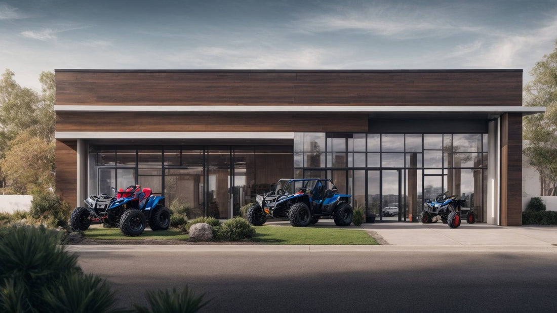 Gas-powered ATVs and a side-by-side parked outside a modern dealership building
