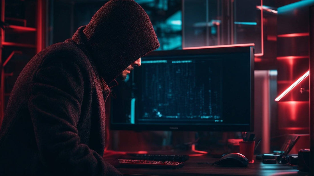 Person in hooded jacket at computer in dark room with red and blue lighting, coding on monitor