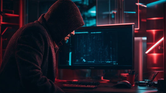 Person in hooded jacket at computer in dark room with red and blue lighting, coding on monitor