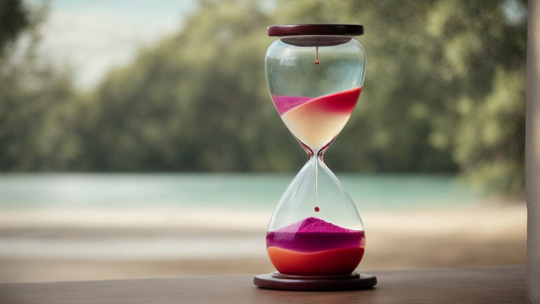 Hourglass with pink sand on a wooden table outdoors, time management concept