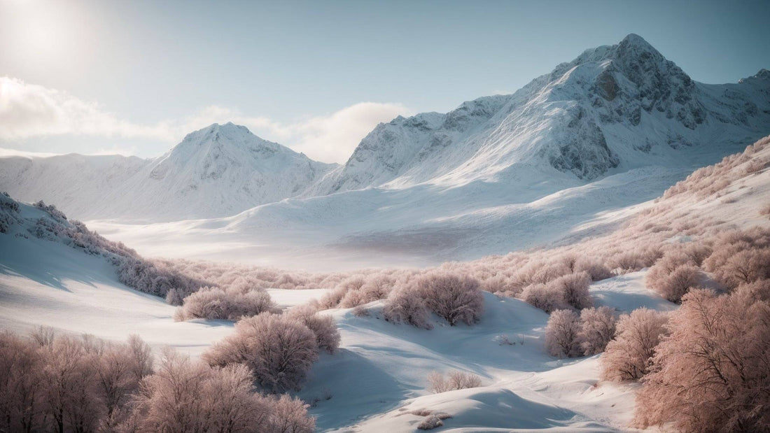 Snow-covered mountains and frosty trees in a scenic winter landscape under clear sky