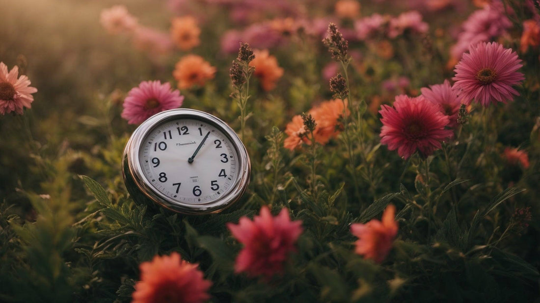 Round analog clock in blooming flower field at sunrise, symbolizing daylight saving time