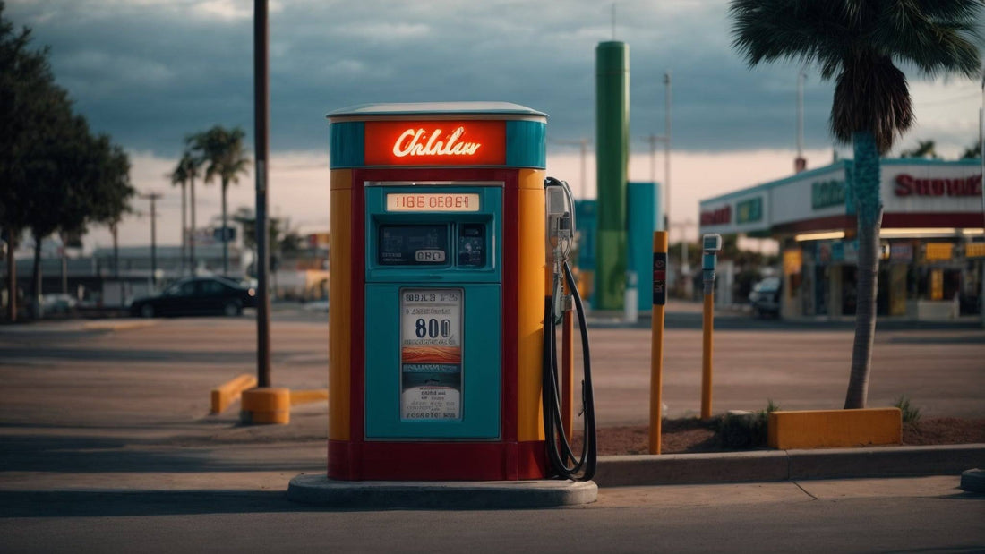 Vintage gas pump at a retro gas station with palm trees and parked cars outdoors