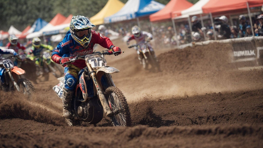 Motocross riders racing dirt bikes on a muddy track with safety gear and helmets