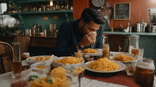Man eating a variety of rice dishes at a restaurant table with drinks, abundant food displayed.