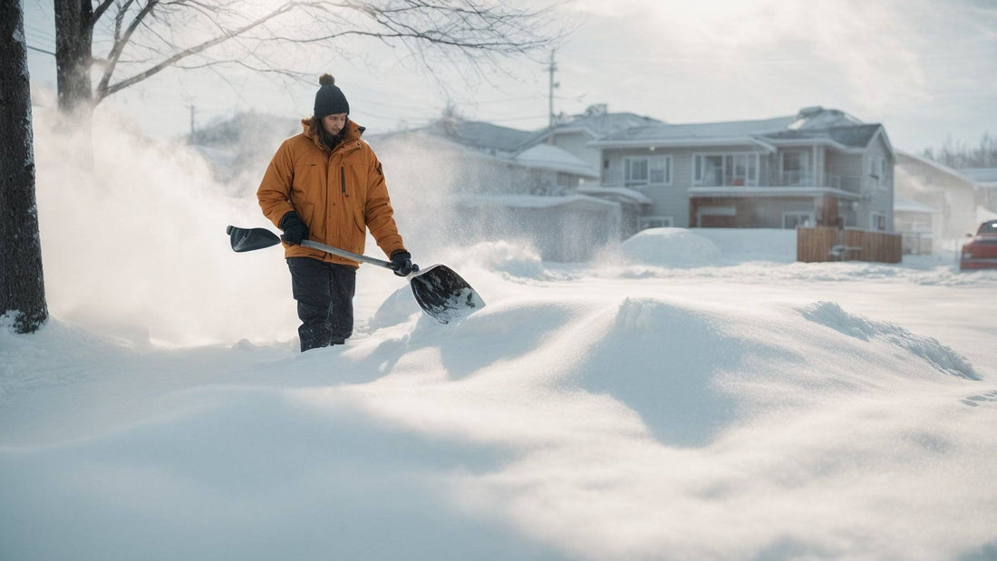 Man shoveling snow in winter outside a suburban home, wearing an orange jacket and beanie.