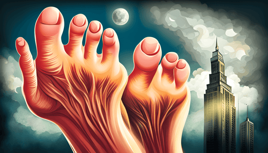 Cartoon feet with exaggerated toes against a city skyline and moon, Q9 PowerSports USA theme