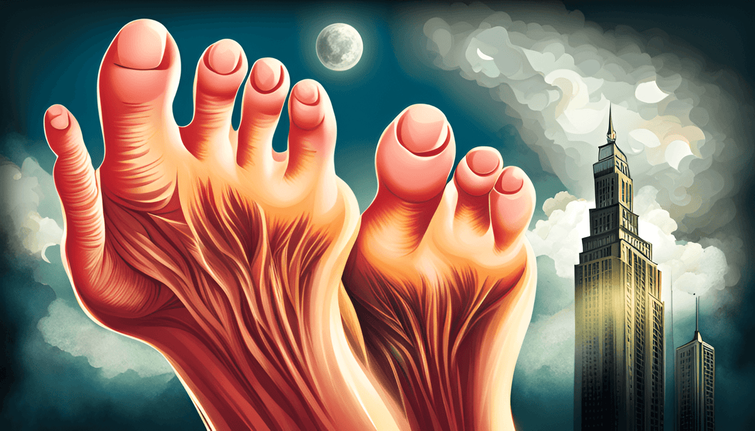 Illustration of large bare feet at night with a city skyscraper and moon in the background