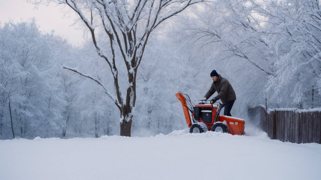 Person using a snow blower to clear deep snow in a snowy winter yard with trees