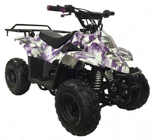 Purple camouflage 110cc kids ATV with rugged tires and rear cargo rack