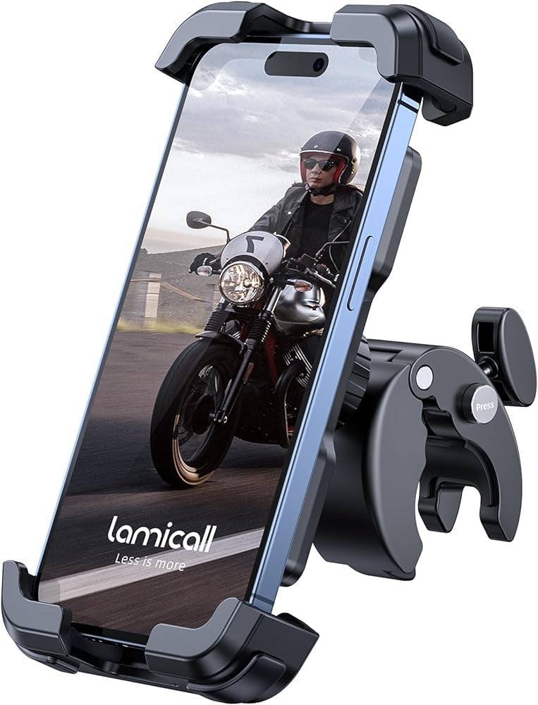Motorcycle handlebar cell phone holder, sturdy mount, fits most smartphones