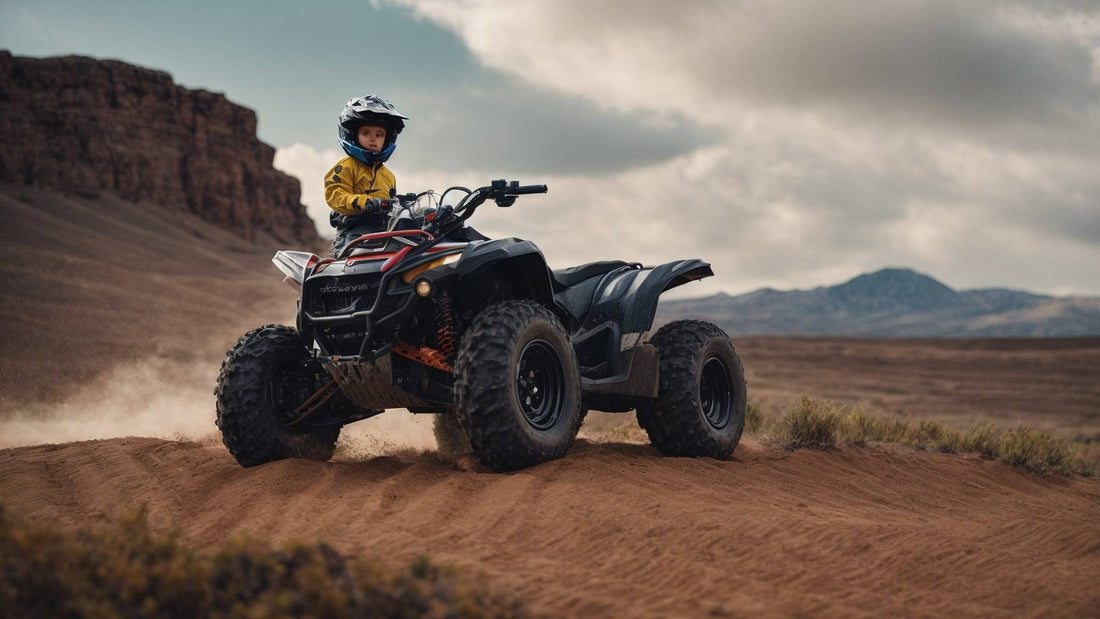 Child riding kids ATV on dirt trail wearing helmet and safety gear outdoors