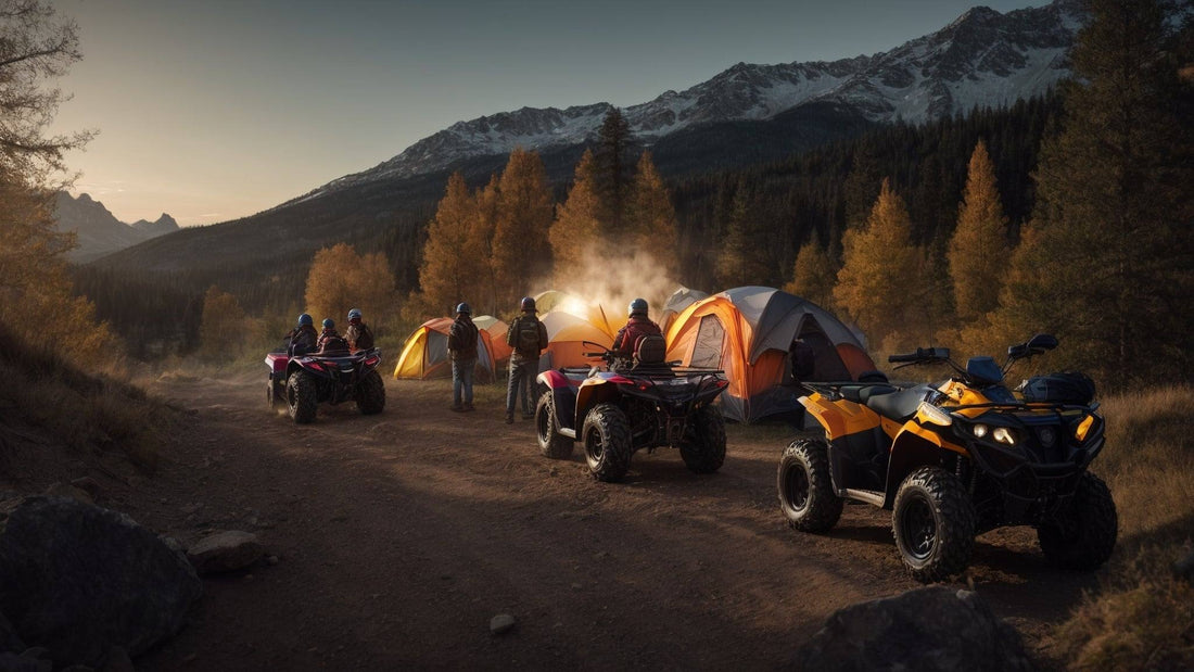 ATVs parked by camping tents in scenic mountain forest trail at sunset
