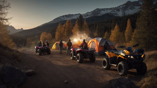 ATVs parked by camping tents in scenic mountain forest trail at sunset