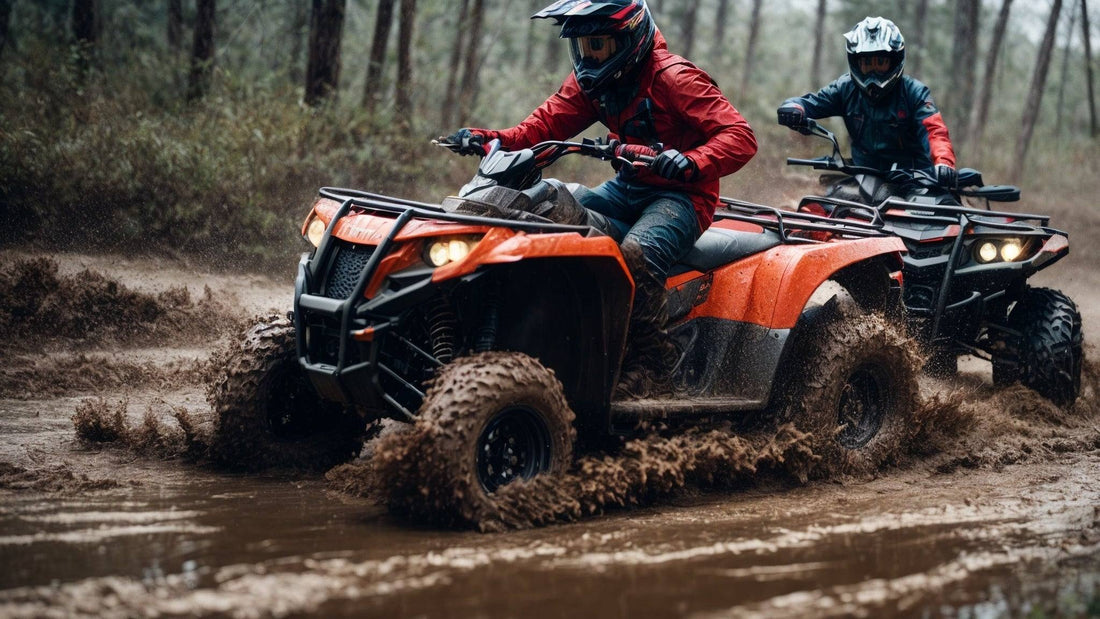 Riders on orange ATVs driving through muddy forest trail, off-road adventure
