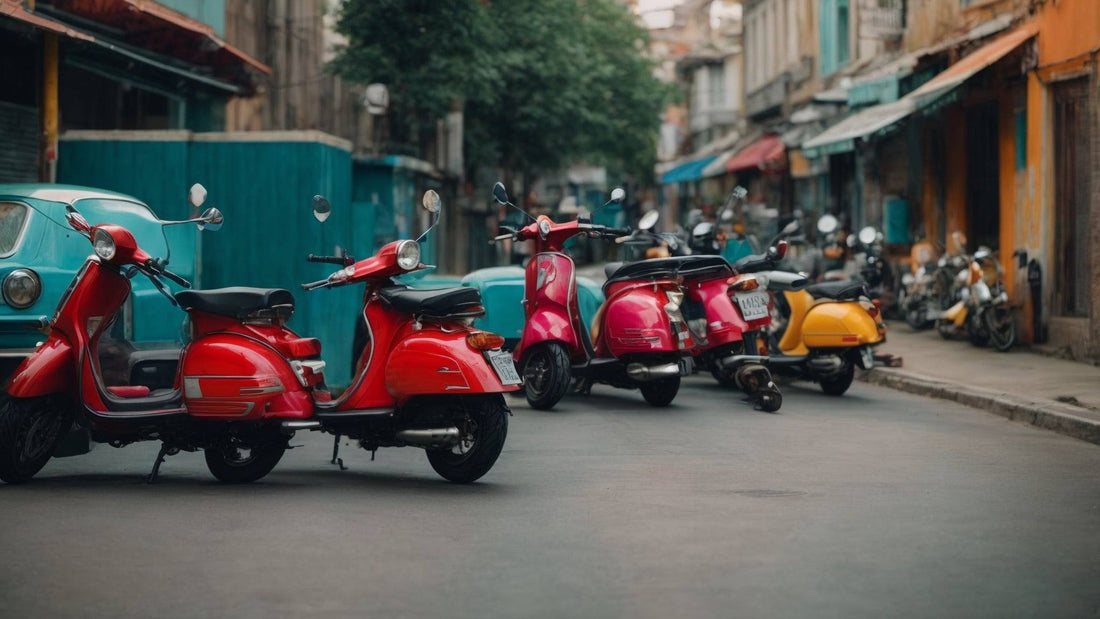 Classic red and yellow scooters parked on a vintage city street, urban scooter scene
