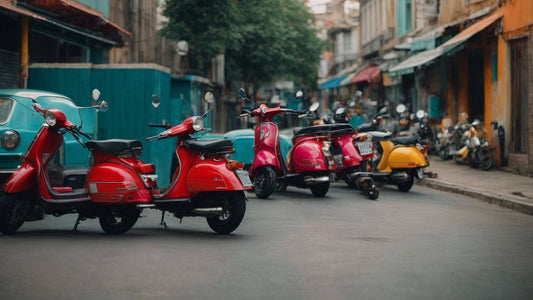 Classic red and yellow scooters parked on a vintage city street, urban scooter scene