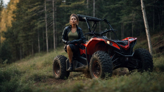 Woman sitting on red ATV in forest, off-road vehicle adventure on dirt trail