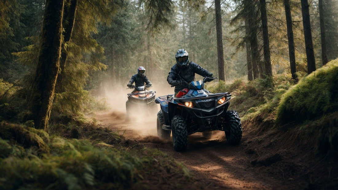 Two riders on ATVs driving through a scenic forest trail, off-road adventure in nature.