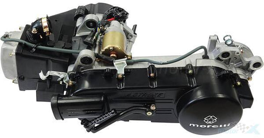 GY6 scooter engine with visible components and Moretti branding, suitable for ATVs and scooters