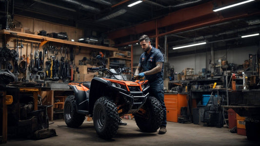 Mechanic winterizing orange ATV in a workshop with tools and equipment in background