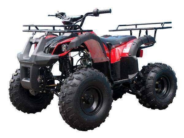 Red youth utility ATV with rugged tires and front and rear cargo racks, side view