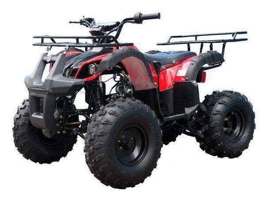 Red youth utility ATV with rugged tires and front and rear cargo racks, side view