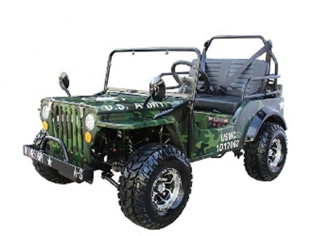 Green camo kids go-kart with off-road tires and jeep styling, shown on white background.