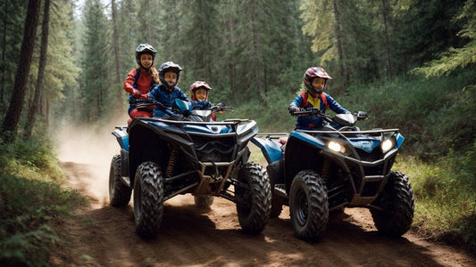 Family riding ATVs on forest trail, wearing helmets and protective gear, outdoor adventure