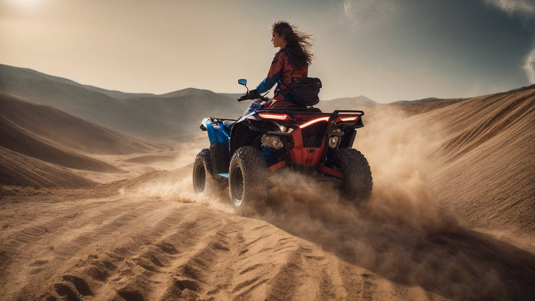 Woman riding ATV on sandy trail in desert hills under clear sky