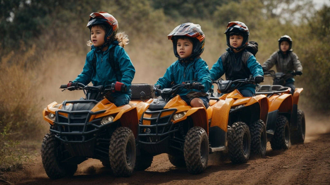 Kids riding orange ATVs on a dirt trail, wearing helmets and outdoor gear, off-road adventure